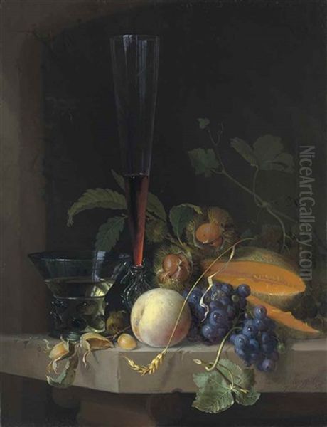 Grapes, Chestnuts And A Cantaloupe With A Roemer And A Facon De Venise Wine Glass On A Stone Ledge Oil Painting by Jacob van Walscapelle