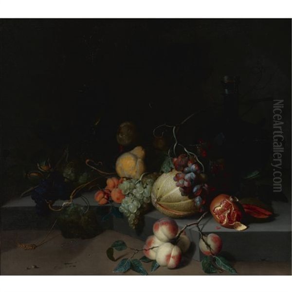 Grapes, Pears, A Melon And A Pomegranate On A Stone Ledge, With A Facon-de-venise Glass, A Tall Wine Glass, A Glass Bottle With A Silver Top And Peaches On A Branch Oil Painting by Jacob van Walscapelle