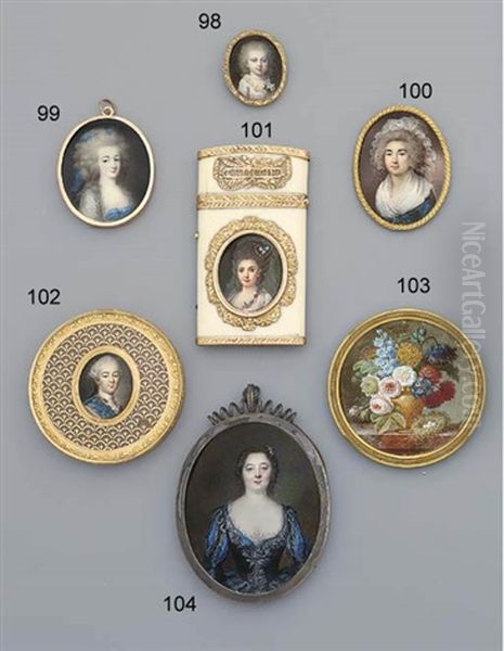 A Young Lady In Lace-bordered White Dress With Large Bright Blue Bow Tied At Corsage, White Sprigged Silk Surcoat, Bright Blue Bandeau Tied In Her Long Curling Powdered Hair Oil Painting by Franz Walter