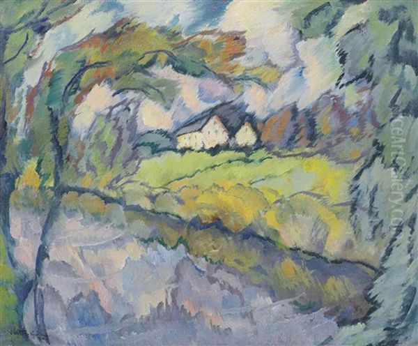 Cottage By The River Oil Painting by Johann Walter-Kurau