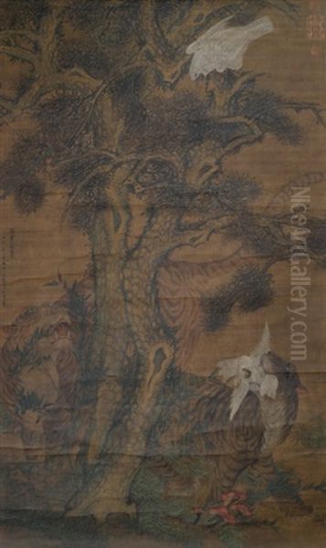 Kiefernpaar Mit Zwei Tigern Und Zwei Adlern Oil Painting by Wang Fu
