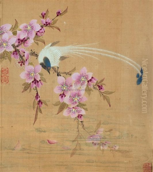 Bird And Peach Blossoms Oil Painting by Wang Guxiang