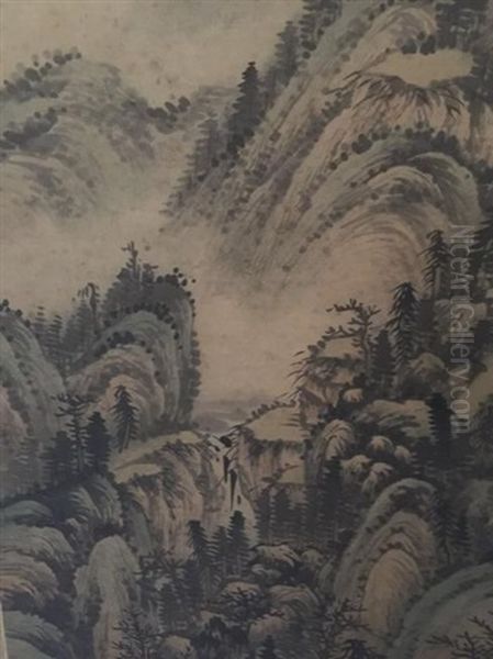 Chinese Ink Landscape Painting W Calligrahpy Oil Painting by Wang Jian