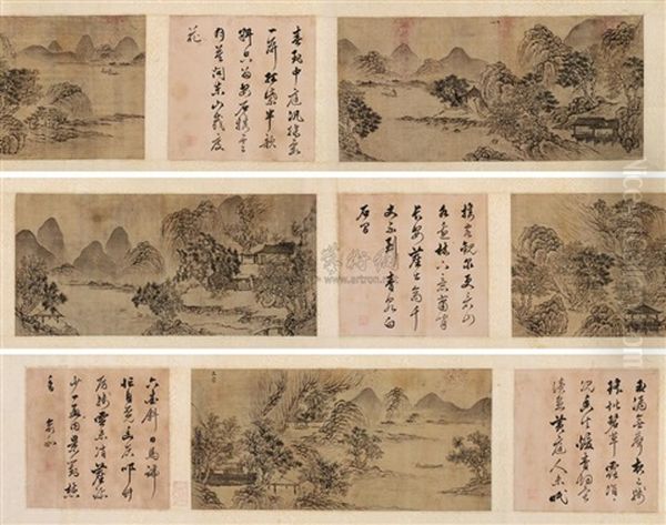 Landscape And Calligraphy (+ 3 Others; 4 Works) Oil Painting by  Wang Meng