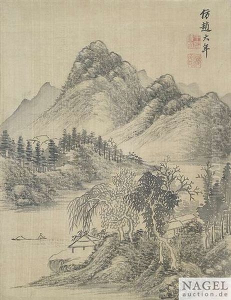 Landschaft Im Literatenstil, Albumblatt, Tusche Auf Seide Oil Painting by Wang Shimin