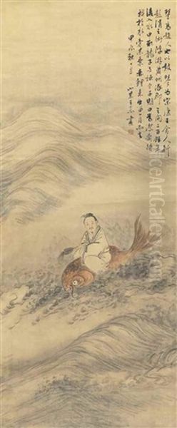 Figure With Fish Oil Painting by Wang Su