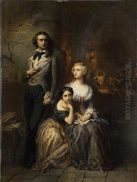 Andre De Chenier In The Saint-lazare Prison With The Duchess Of Saint-aignant, Madame De Coigny And Countess Sebastiani Oil Painting by Baron Gustave Wappers