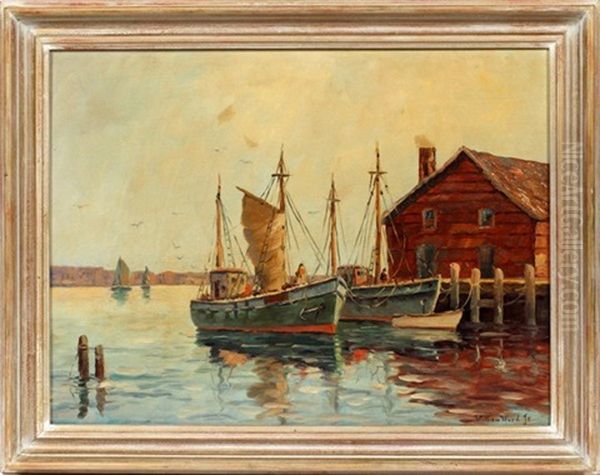 Dock Scene Oil Painting by William Dudley Brunett Ward Jr.