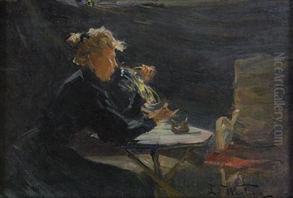 Interior Med Ung Dam Doftande Pa Blommor Oil Painting by Elisabeth Warling