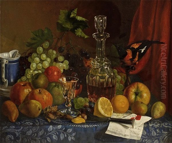 Grapes, Apples, Lemons, A Decanter And A Bird On A Table Oil Painting by Frederick Warsop