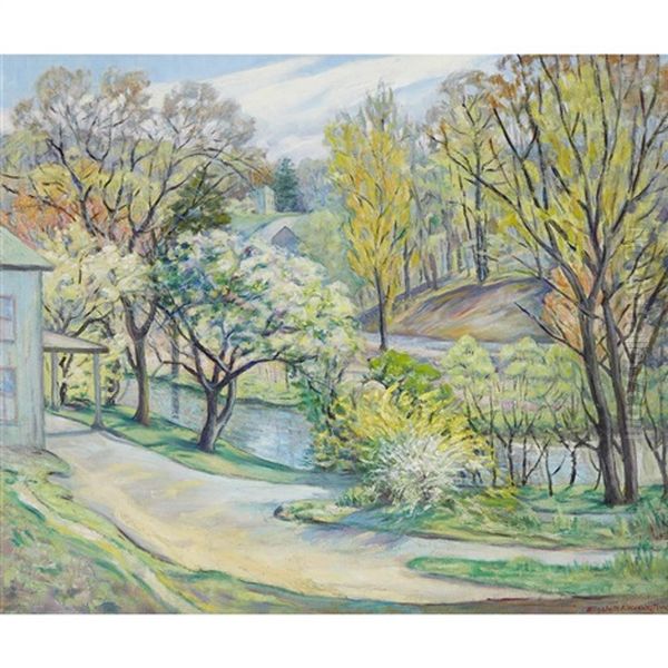 Spring, Village By The Creek Oil Painting by Elizabeth Fisher Washington