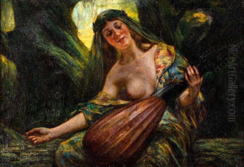 Lesna Nimfa Ze Swierszczem I Cytra Oil Painting by Kazimierz Wladyslaw Wasilkowski