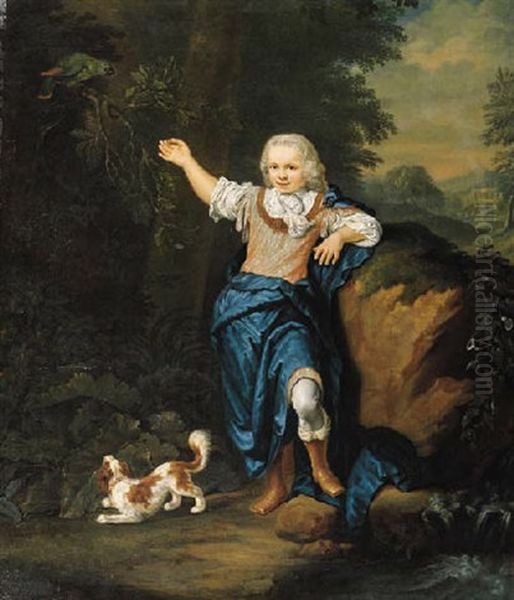 Portrait Of Albert Hendrik Van Swinderen Standing In A Landscape, Wearing A Costume, Pointing With His Right Arm Towards A Parrot Perched On A Branch Above Oil Painting by Jan Abel Wassenbergh I