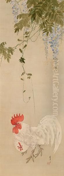 Rooster And Hen In Wisteria (+ Swallow In Peony; Pair) Oil Painting by Shotei Watanabe
