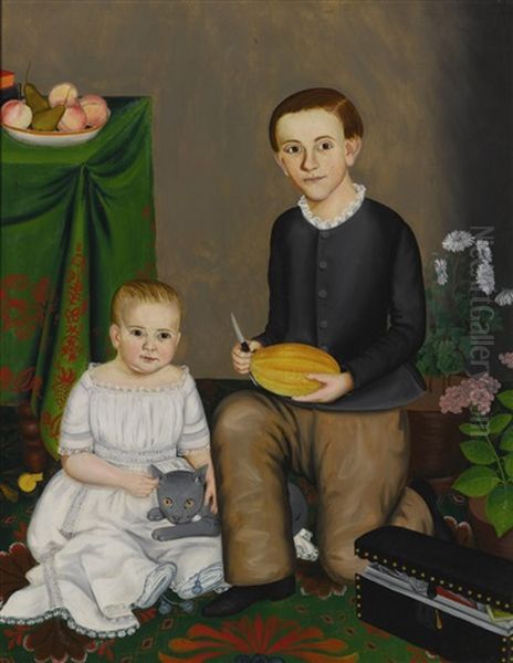 Two Children In An Interior Setting, One Child Holding A Grey Cat, The Other Holding A Piece Of Melon Oil Painting by Susan C. Waters