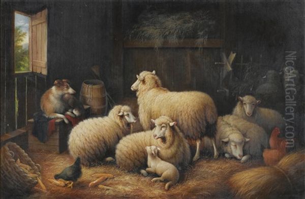 Sheep And Dog In A Barn Oil Painting by Susan C. Waters