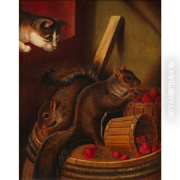 Two Squirrels Eating Strawberries Watched By A Cat Oil Painting by Susan C. Waters