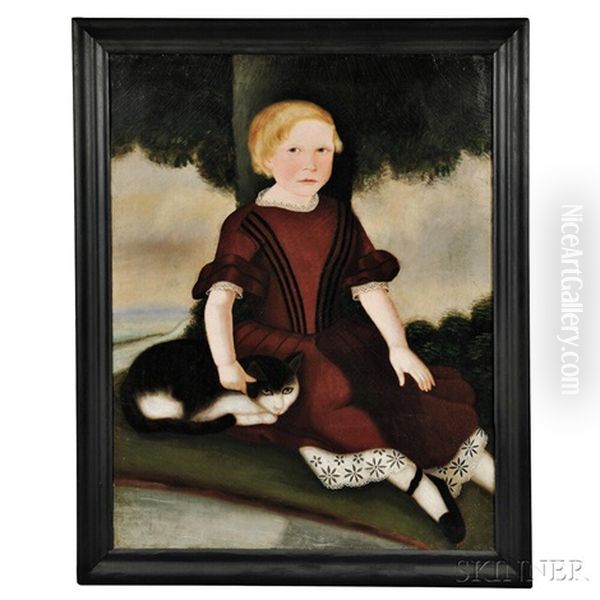 Portrait Of A Blond Child In A Dark Red Dress With A Cat Oil Painting by Susan C. Waters