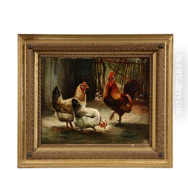 Rooster With Two Chickens In Yard Oil Painting by Susan C. Waters