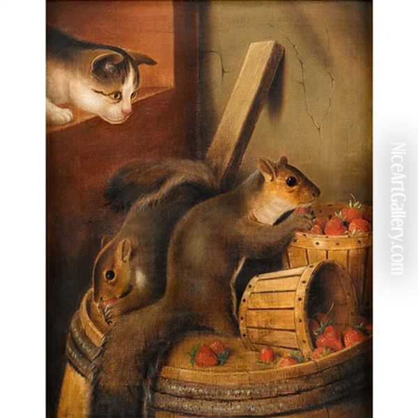 Squirrels Eating Strawberries Watched By A Cat Oil Painting by Susan C. Waters