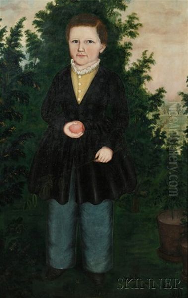 Portrait Of Theodore Collins Aged 4 Years, Holding A Peach And A Leafy Branch Oil Painting by Susan C. Waters