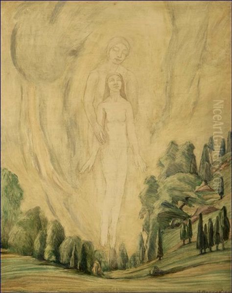 Figures Rising Above A Landscape Oil Painting by Adele Watson