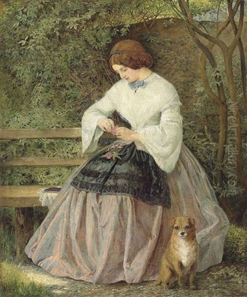 The Garden Seat: 'he Loves Me!' Oil Painting by John Dawson Watson
