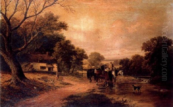 Landscape With Figure, Horses Watering And A Dog Playing In A River Oil Painting by Robert F. Watson