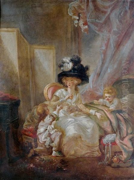 Une Femme Et Ses Deux Enfants Se Disputant Un Fruit Oil Painting by Francois Louis Joseph Watteau