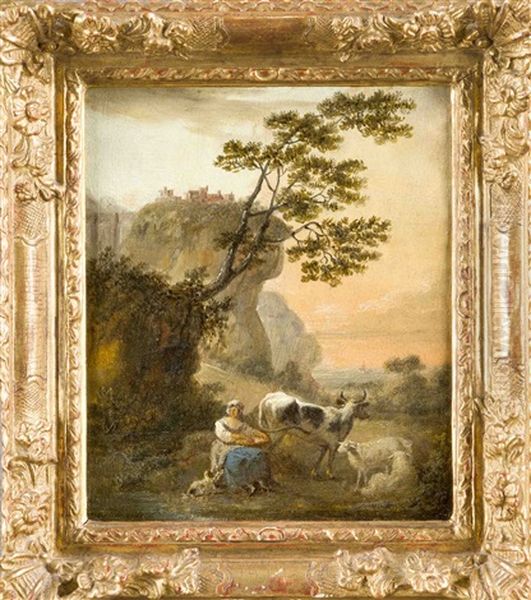 Schalmei Spielender Schafer (+ Rastende Magd Auf Einem Fels, Lrgr; Pair) Oil Painting by Francois Louis Joseph Watteau