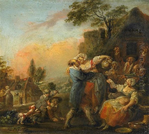 Tanzendes Volk Vor Dem Wirtshaus Oil Painting by Francois Louis Joseph Watteau