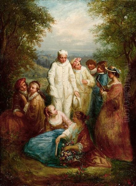 Fete Galante Avec Pierrot Oil Painting by Jean-Antoine Watteau