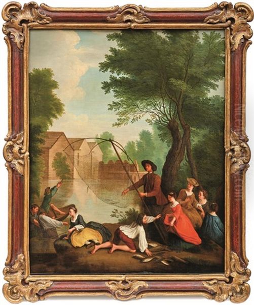 Vornehme Gesellschaft Beim Fischen Am Flussufer Oil Painting by Louis-Joseph Watteau