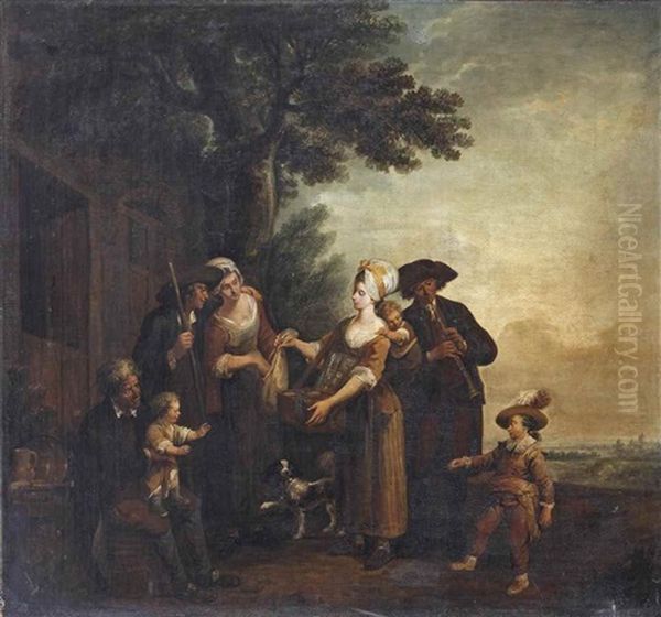 A Pastoral Scene With A Merchant Family Presenting Goods To A Family Outside A House Oil Painting by Louis-Joseph Watteau
