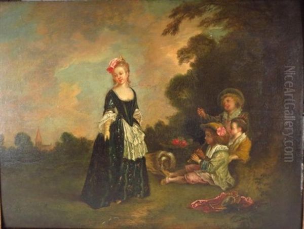 Woman With Three Young Boys And A Dog At Right Oil Painting by Louis-Joseph Watteau