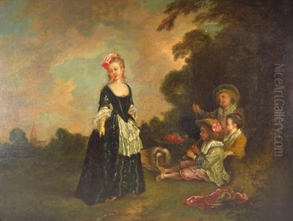Woman With Young Boys & Dog Oil Painting by Louis-Joseph Watteau