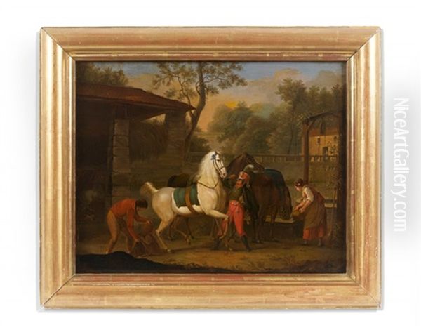 Un Hussard Abreuvant Son Cheval A Une Halte Oil Painting by Louis-Joseph Watteau