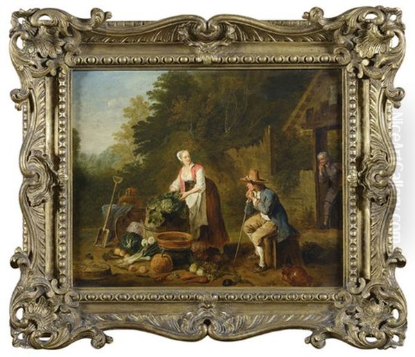 La Marchande De Legumes Dans La Cour De La Ferme Oil Painting by Louis-Joseph Watteau