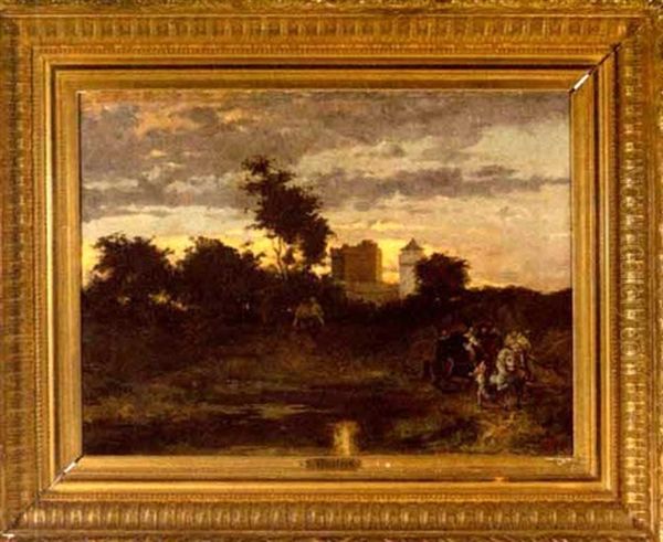 Horseman At Dusk Near Castle Oil Painting by Emile Charles Wauters