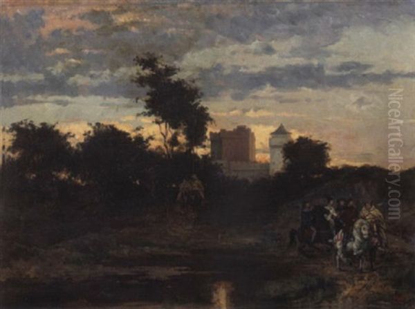 A View Of A Medieval Castle With Figures At Dusk Oil Painting by Emile Charles Wauters