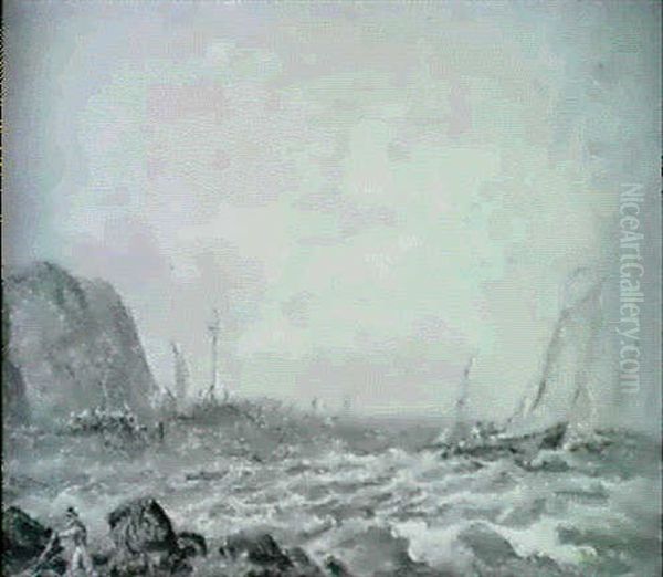 Coastal Scene By Moonlight [&] Fishing Boats       Offshore Oil Painting by George Weatherill