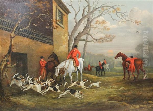 Hunting Scene, Unkenneling Hounds Oil Painting by Edward Walter Webb
