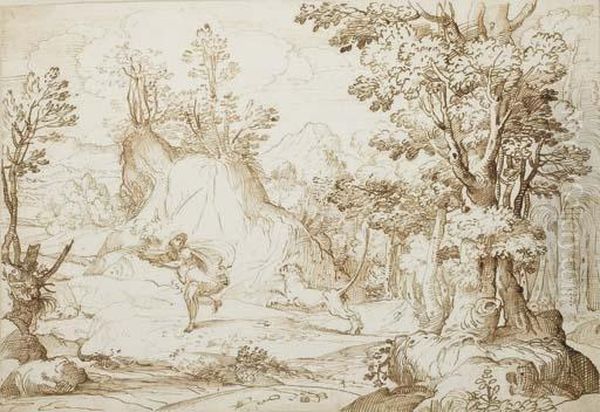 Un Homme Poursuivi Par Un Lion Dans Une Foret Oil Painting by Francesco Brizio