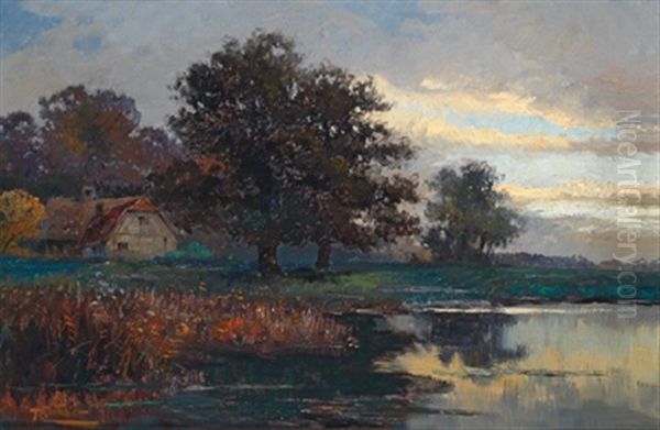 Landschaft (im Dachauer Moos?) Bei Gewitterstimmung Oil Painting by Robert Weber