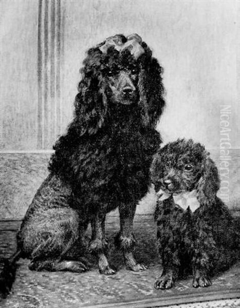 Two Poodles In An Interior Oil Painting by Alfred Weczerzick