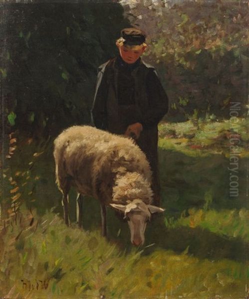 Hutejunge Mit Seinem Schaf Auf Einer Lichtung Oil Painting by Herman Johannes van der Weele