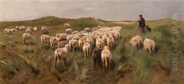 Shepherd With His Flock Of Sheep Oil Painting by Herman Johannes van der Weele