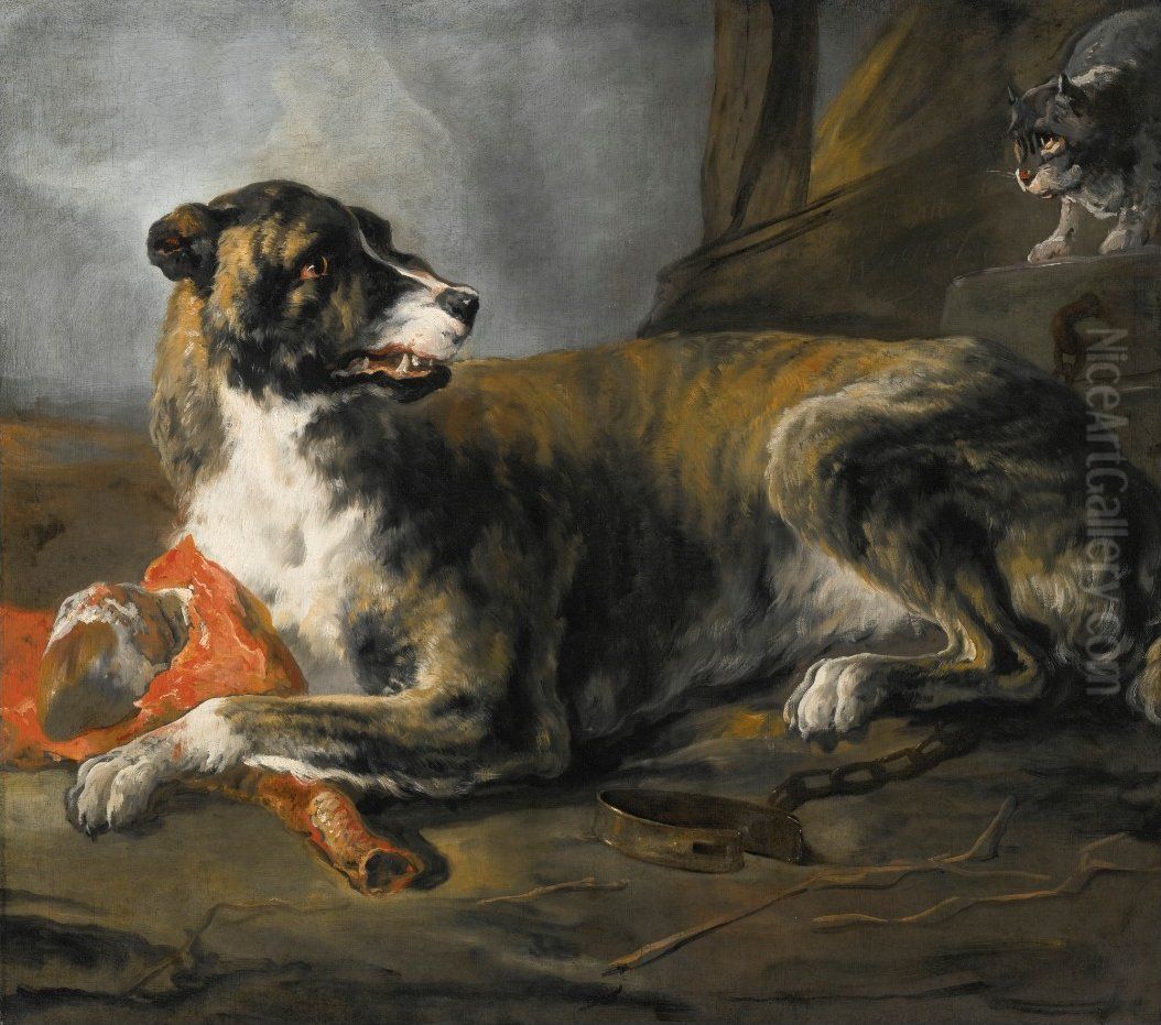 Hound With A Joint Of Meat And A Cat Looking On Oil Painting by Jan Baptist Weenix