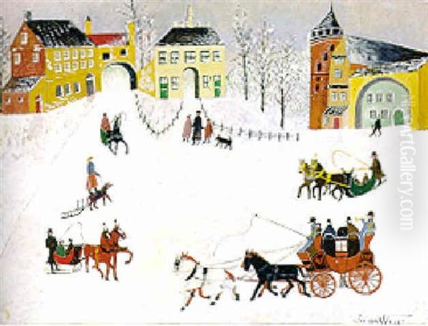 Winterliche Landschaft Mit Schlos, Kutschen Und Schlitten Oil Painting by Jan Van Weert