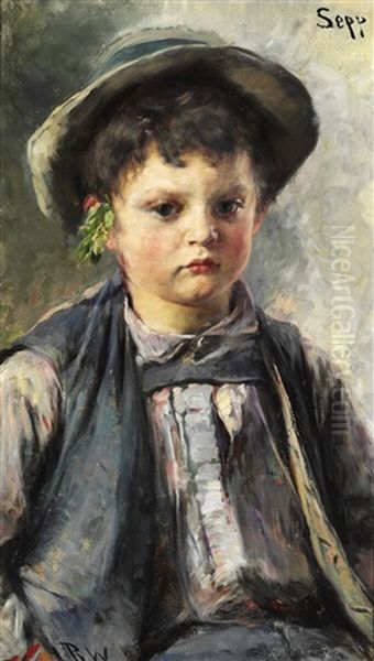 Portrait Of The Boy Sepp Wearing A Hat And A Little Twig Behind The Ear Oil Painting by Bertha Wegmann